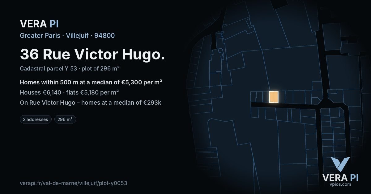 36 Rue Victor Hugo, Villejuif at night – the plot lit, the parcels around coloured by the prices near them
