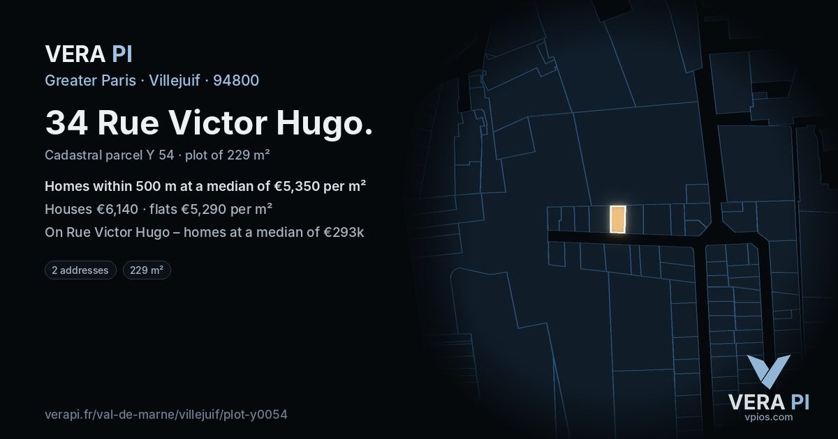 34 Rue Victor Hugo, Villejuif at night – the plot lit, the parcels around coloured by the prices near them