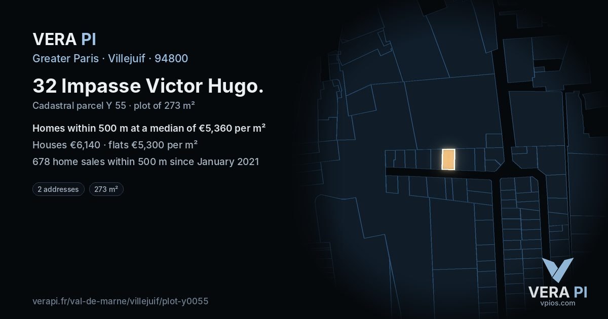 32 Impasse Victor Hugo, Villejuif at night – the plot lit, the parcels around coloured by the prices near them