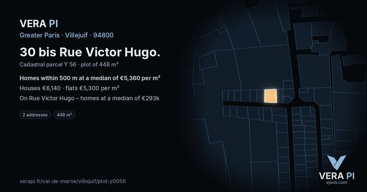 30 bis Rue Victor Hugo, Villejuif at night – the plot lit, the parcels around coloured by the prices near them