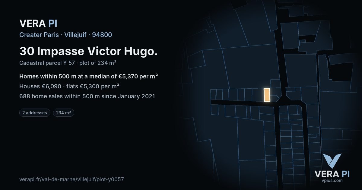 30 Impasse Victor Hugo, Villejuif at night – the plot lit, the parcels around coloured by the prices near them