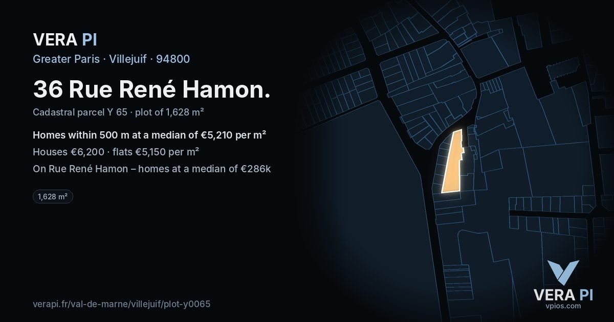 36 Rue René Hamon, Villejuif at night – the plot lit, the parcels around coloured by the prices near them