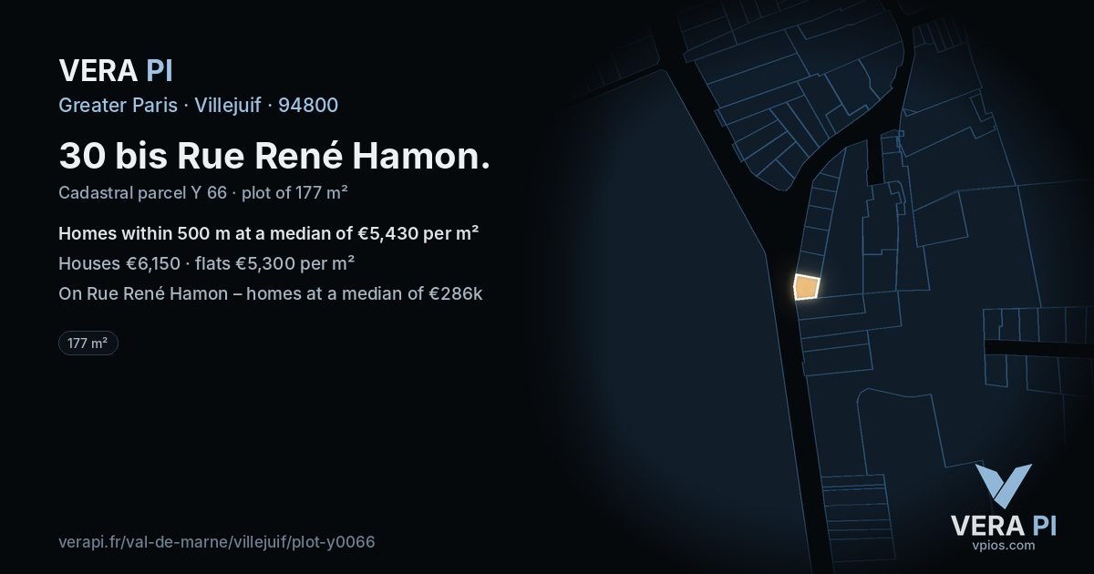 30 bis Rue René Hamon, Villejuif at night – the plot lit, the parcels around coloured by the prices near them