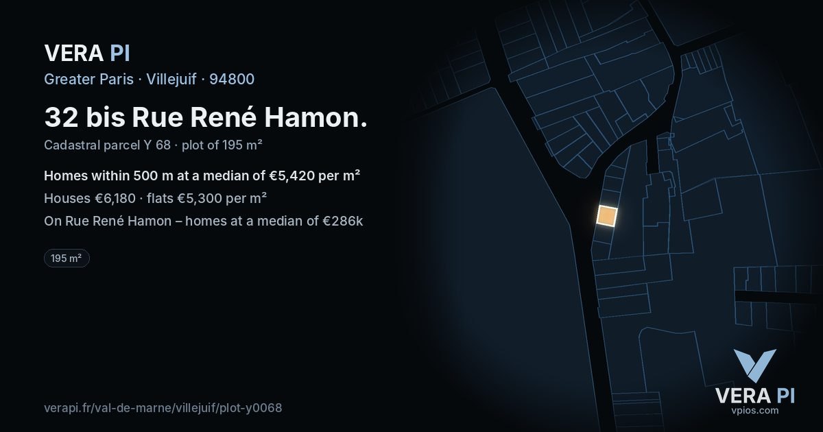32 bis Rue René Hamon, Villejuif at night – the plot lit, the parcels around coloured by the prices near them