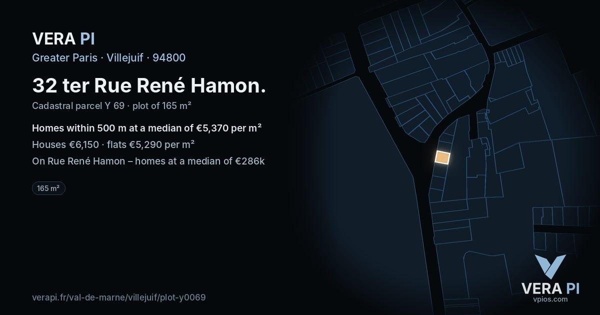 32 ter Rue René Hamon, Villejuif at night – the plot lit, the parcels around coloured by the prices near them