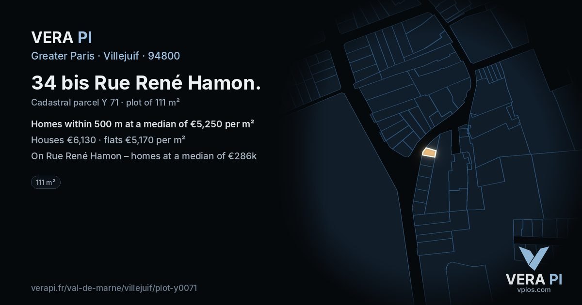 34 bis Rue René Hamon, Villejuif at night – the plot lit, the parcels around coloured by the prices near them