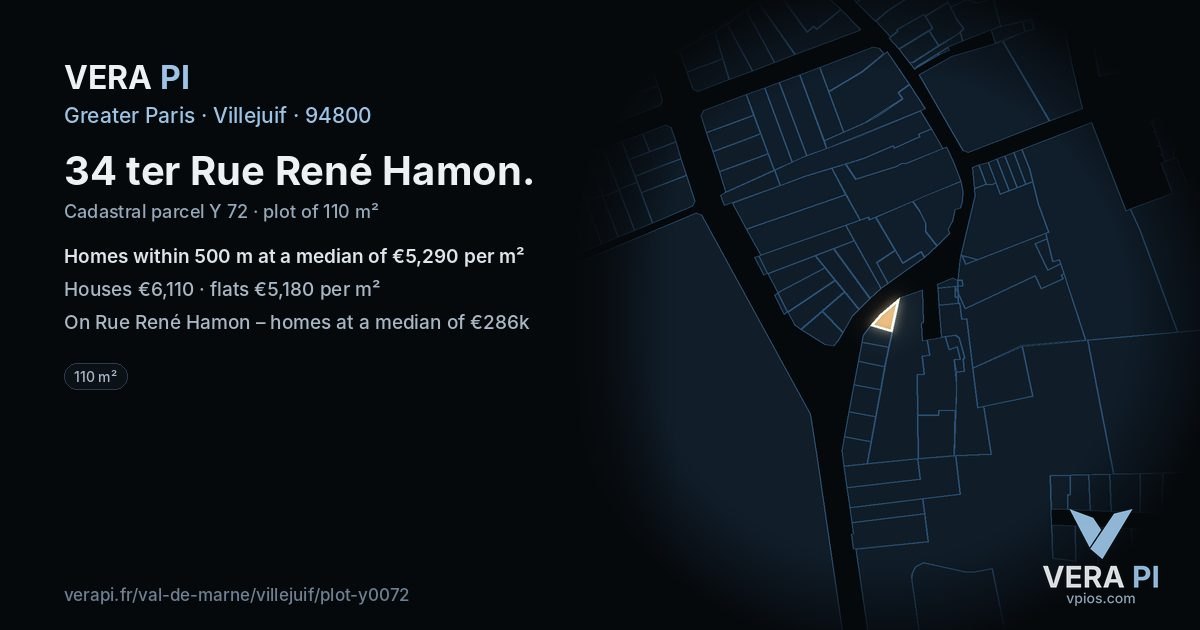 34 ter Rue René Hamon, Villejuif at night – the plot lit, the parcels around coloured by the prices near them