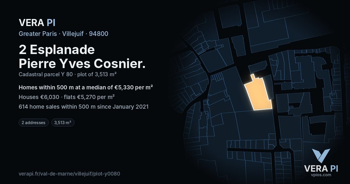 2 Esplanade Pierre Yves Cosnier, Villejuif at night – the plot lit, the parcels around coloured by the prices near them