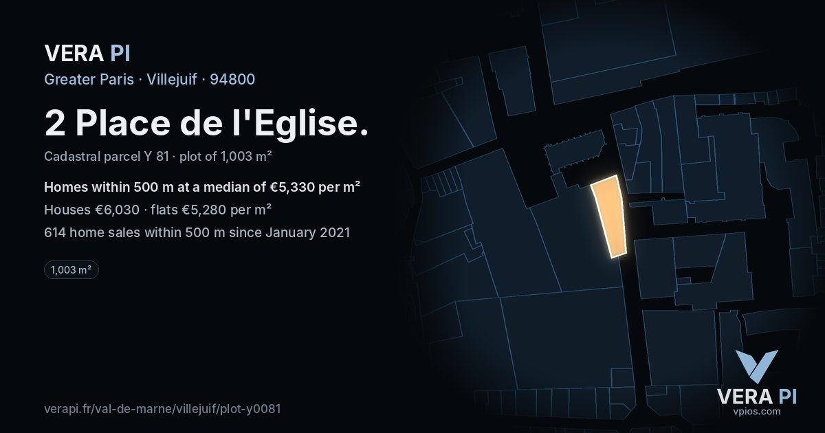 2 Place de l'Eglise, Villejuif at night – the plot lit, the parcels around coloured by the prices near them