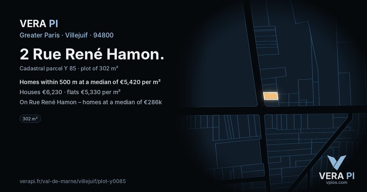 2 Rue René Hamon, Villejuif at night – the plot lit, the parcels around coloured by the prices near them