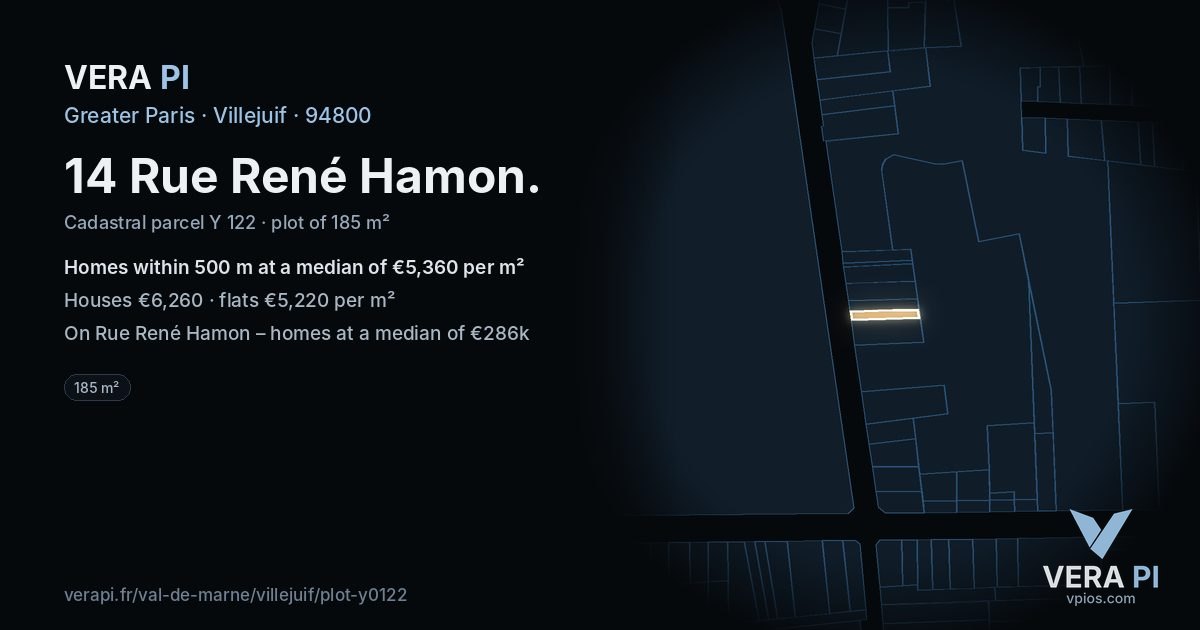 14 Rue René Hamon, Villejuif at night – the plot lit, the parcels around coloured by the prices near them