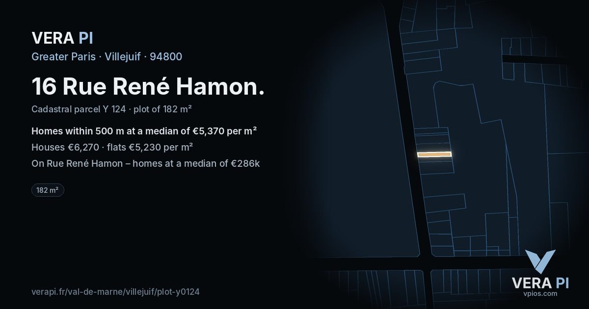 16 Rue René Hamon, Villejuif at night – the plot lit, the parcels around coloured by the prices near them