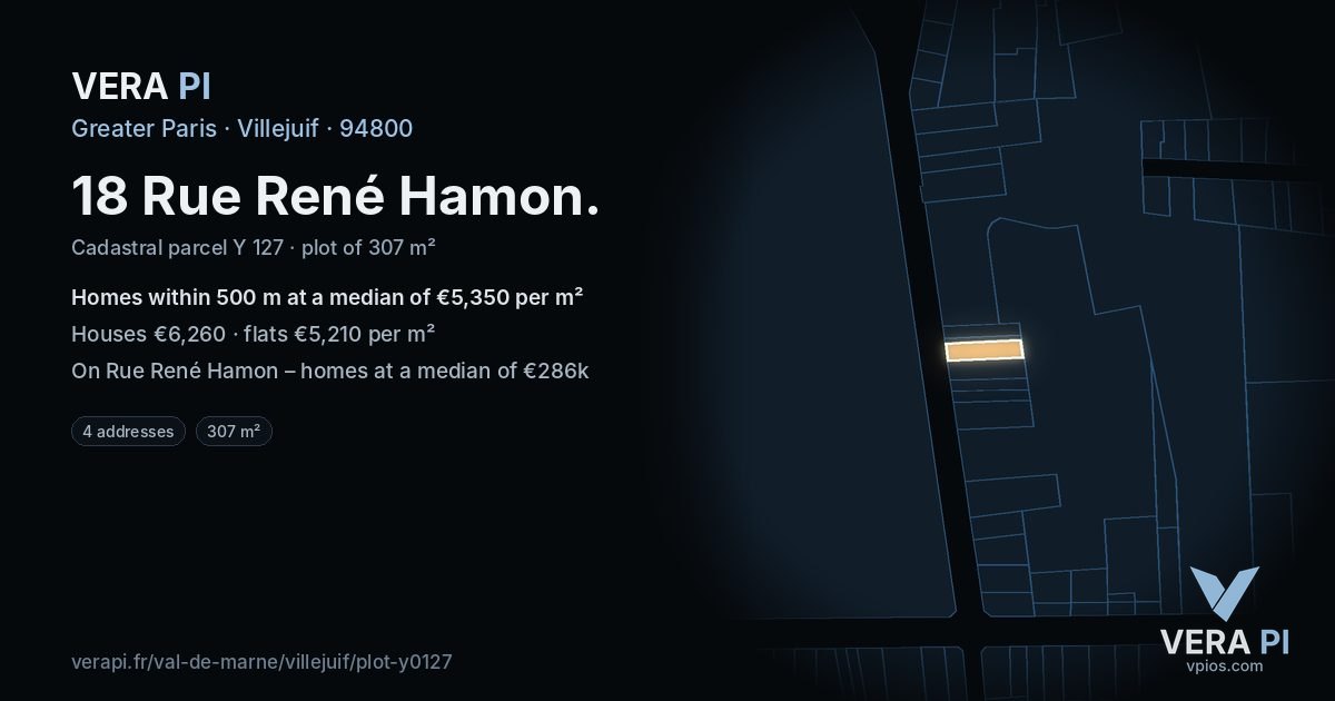 18 Rue René Hamon, Villejuif at night – the plot lit, the parcels around coloured by the prices near them