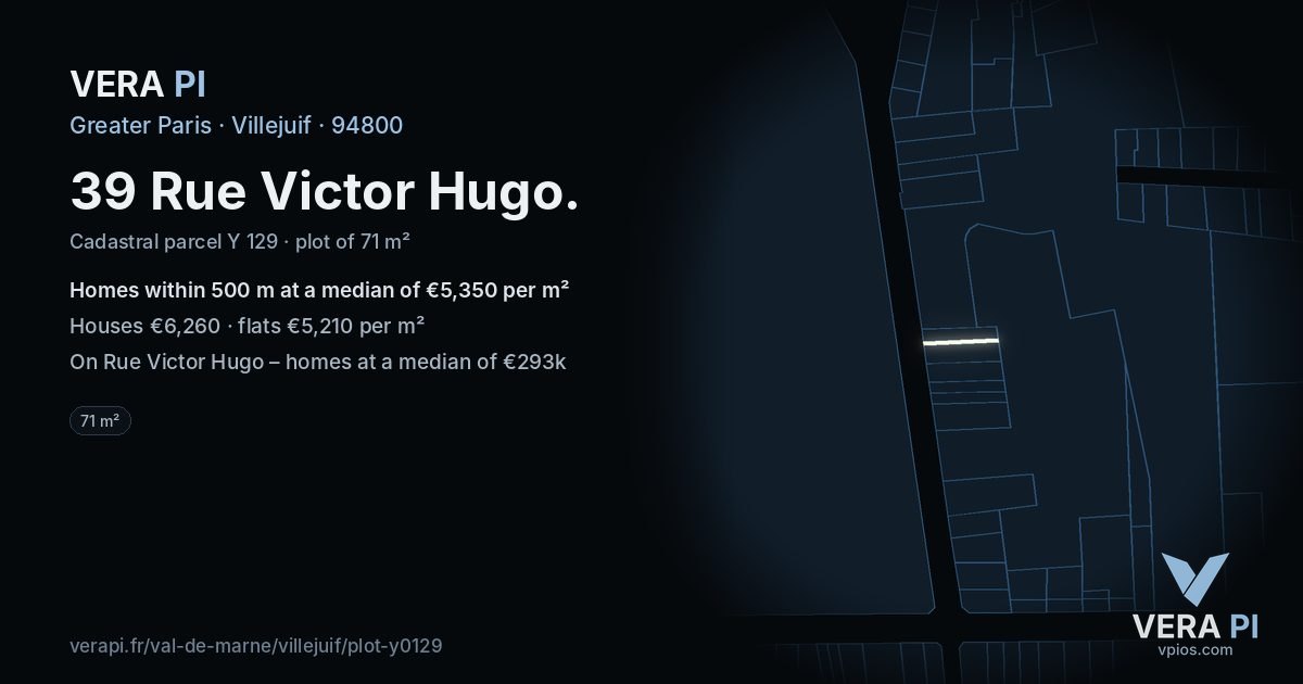 39 Rue Victor Hugo, Villejuif at night – the plot lit, the parcels around coloured by the prices near them