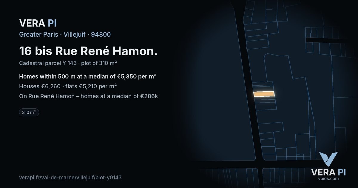 16 bis Rue René Hamon, Villejuif at night – the plot lit, the parcels around coloured by the prices near them