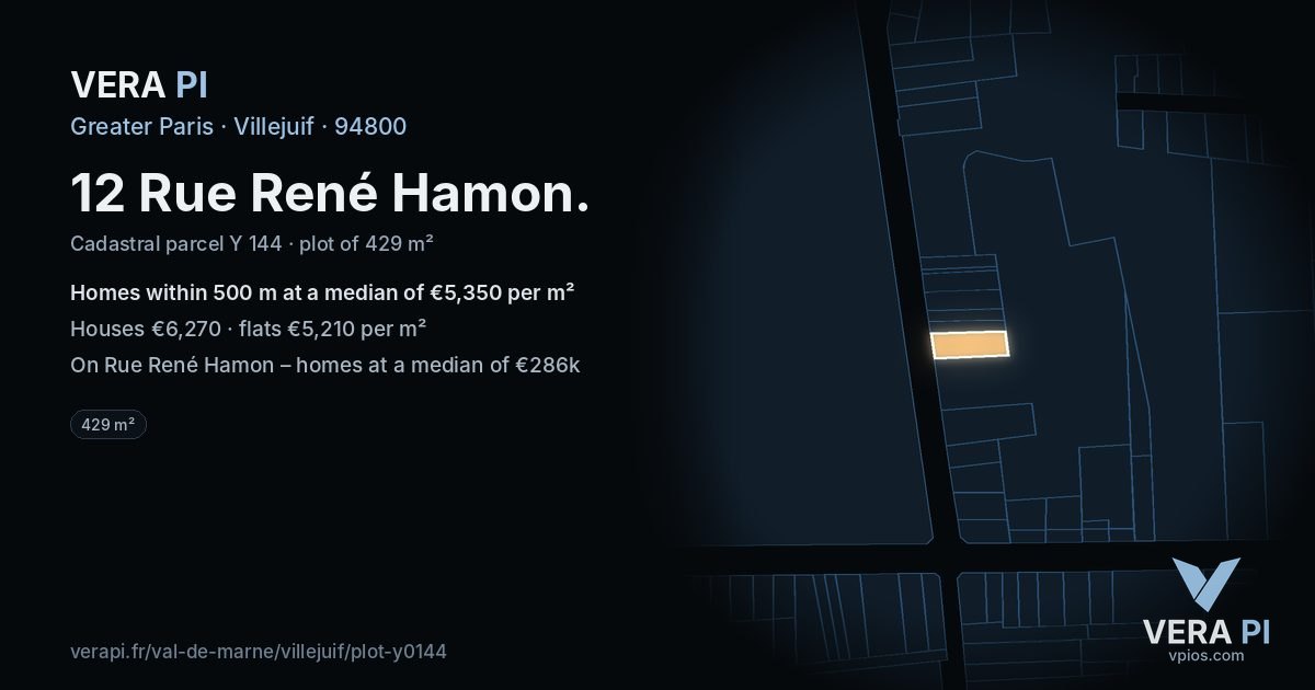 12 Rue René Hamon, Villejuif at night – the plot lit, the parcels around coloured by the prices near them