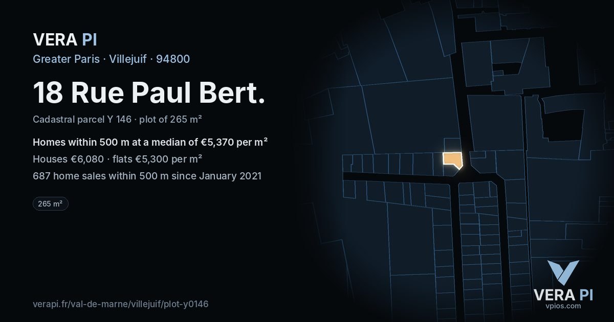 18 Rue Paul Bert, Villejuif at night – the plot lit, the parcels around coloured by the prices near them
