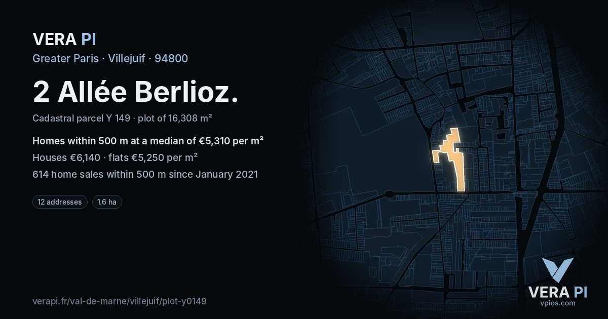2 Allée Berlioz, Villejuif at night – the plot lit, the parcels around coloured by the prices near them