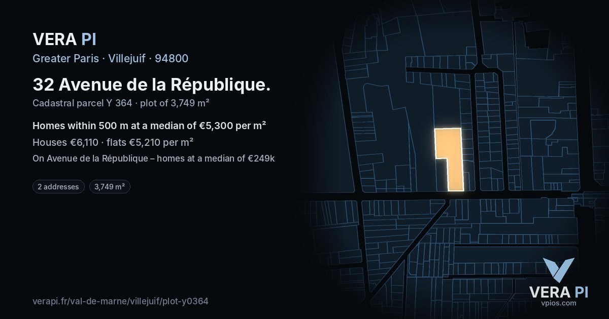32 Avenue de la République, Villejuif at night – the plot lit, the parcels around coloured by the prices near them