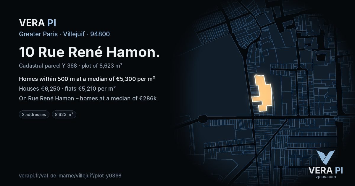 10 Rue René Hamon, Villejuif at night – the plot lit, the parcels around coloured by the prices near them