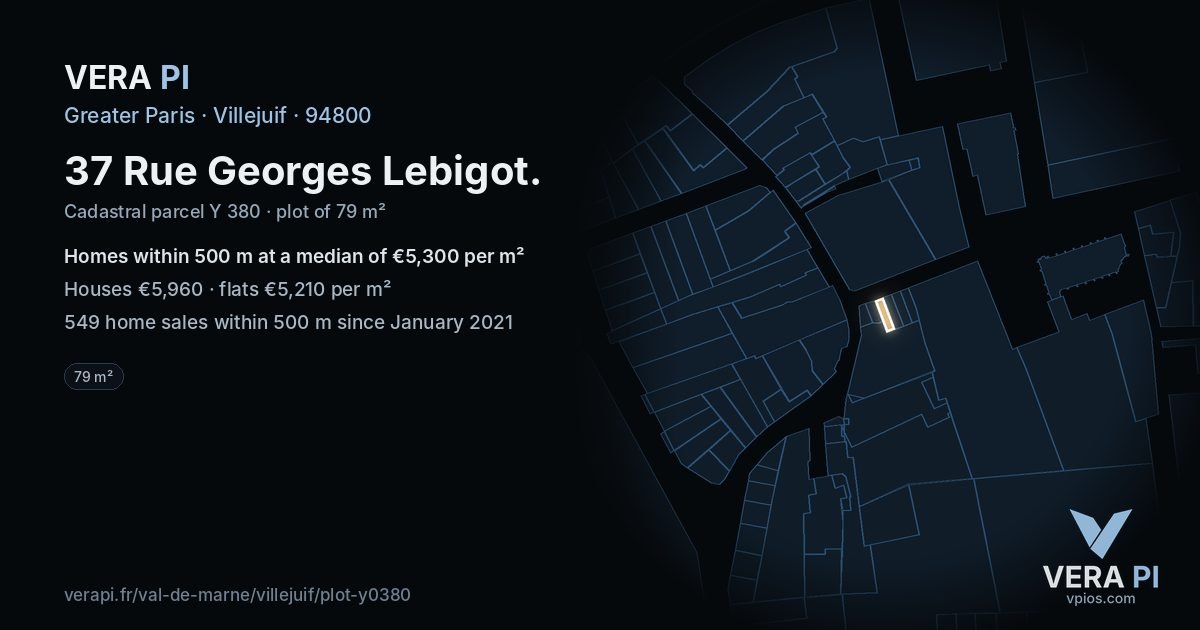 37 Rue Georges Lebigot, Villejuif at night – the plot lit, the parcels around coloured by the prices near them