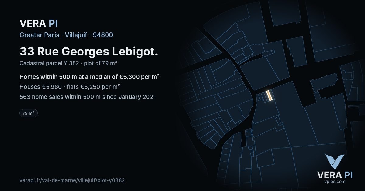 33 Rue Georges Lebigot, Villejuif at night – the plot lit, the parcels around coloured by the prices near them
