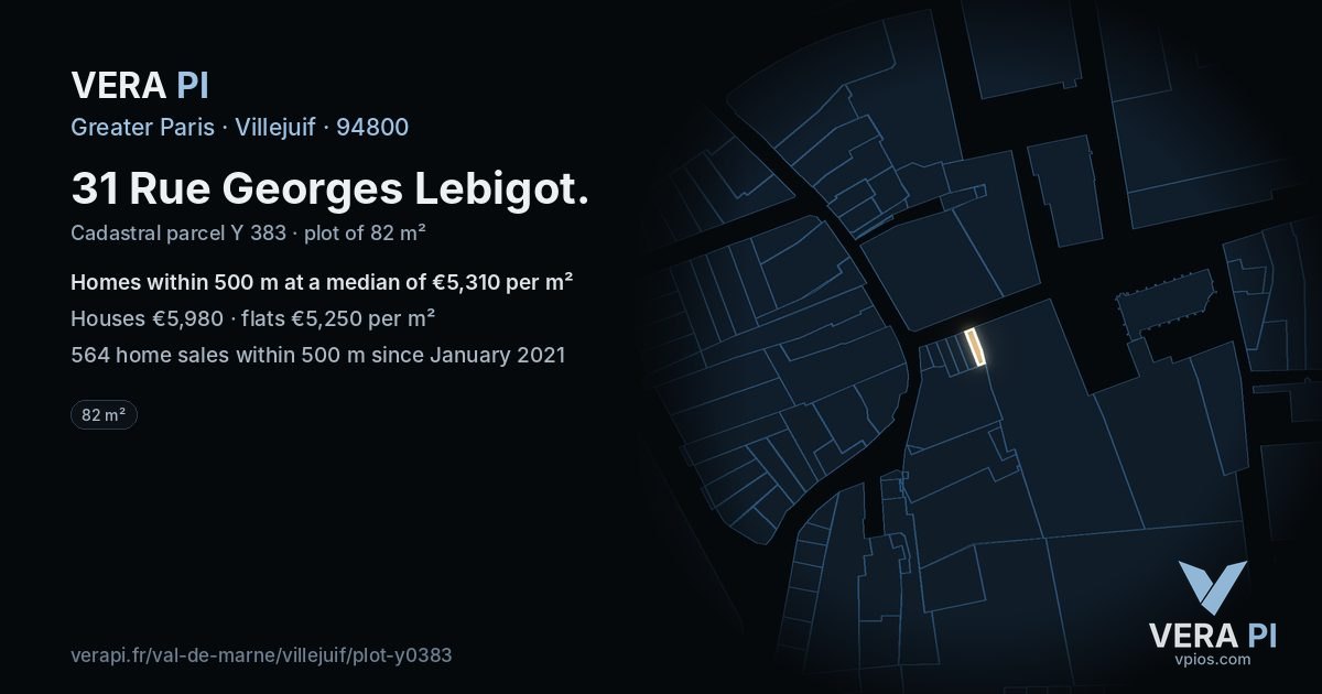 31 Rue Georges Lebigot, Villejuif at night – the plot lit, the parcels around coloured by the prices near them