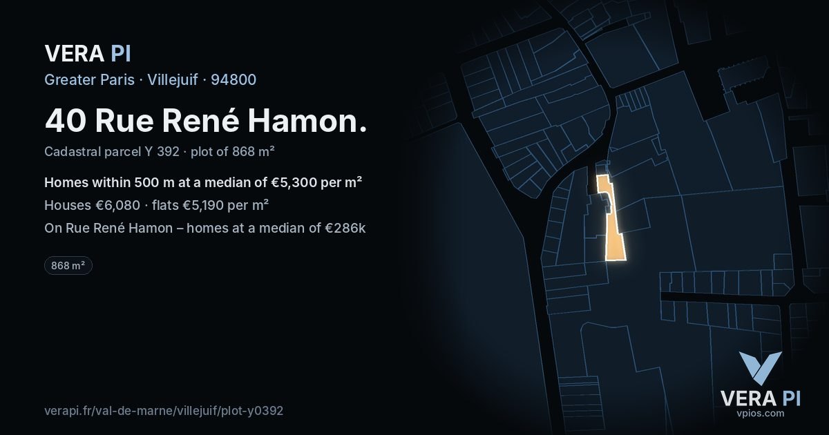 40 Rue René Hamon, Villejuif at night – the plot lit, the parcels around coloured by the prices near them
