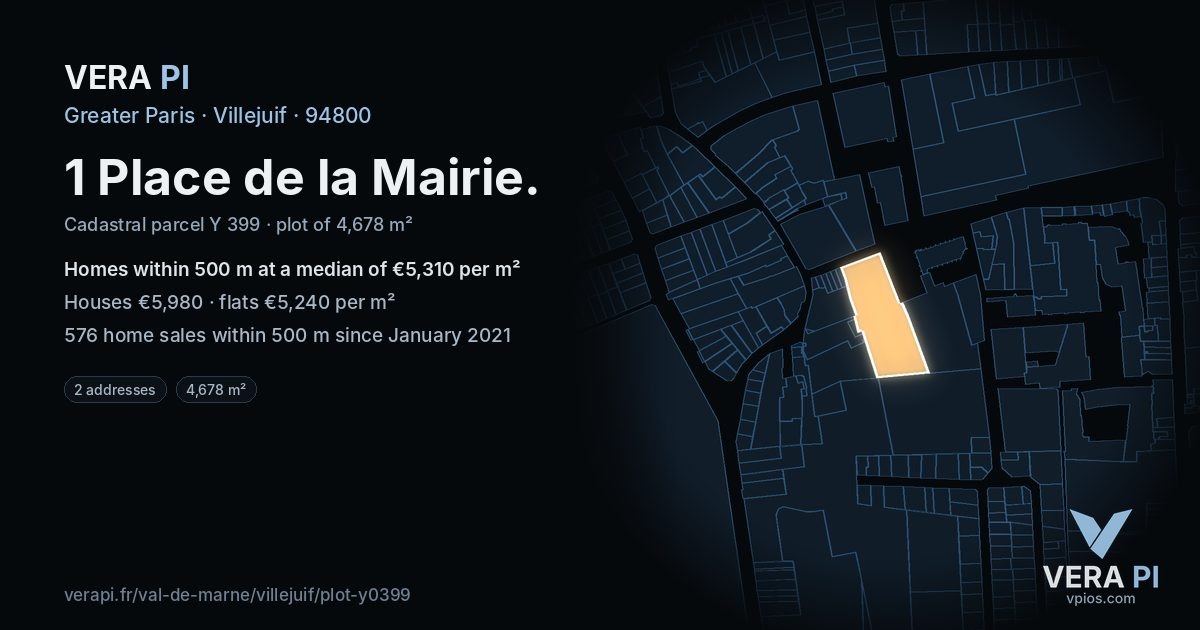 1 Place de la Mairie, Villejuif at night – the plot lit, the parcels around coloured by the prices near them