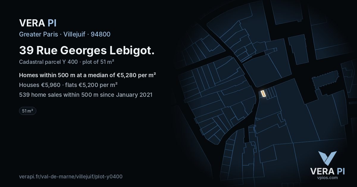 39 Rue Georges Lebigot, Villejuif at night – the plot lit, the parcels around coloured by the prices near them