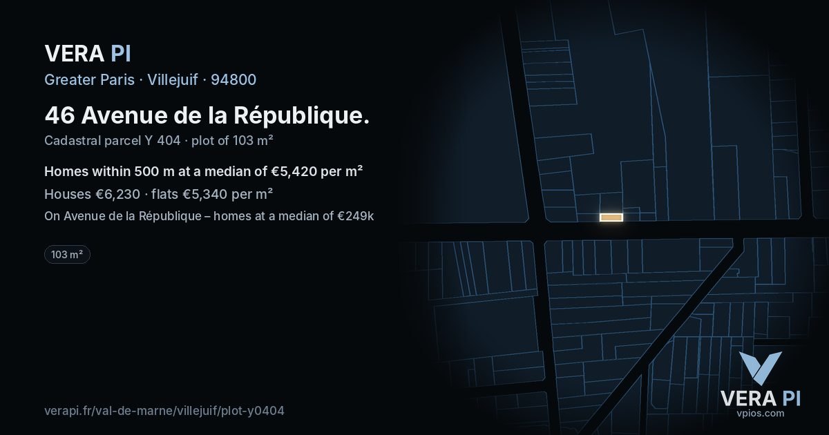 46 Avenue de la République, Villejuif at night – the plot lit, the parcels around coloured by the prices near them