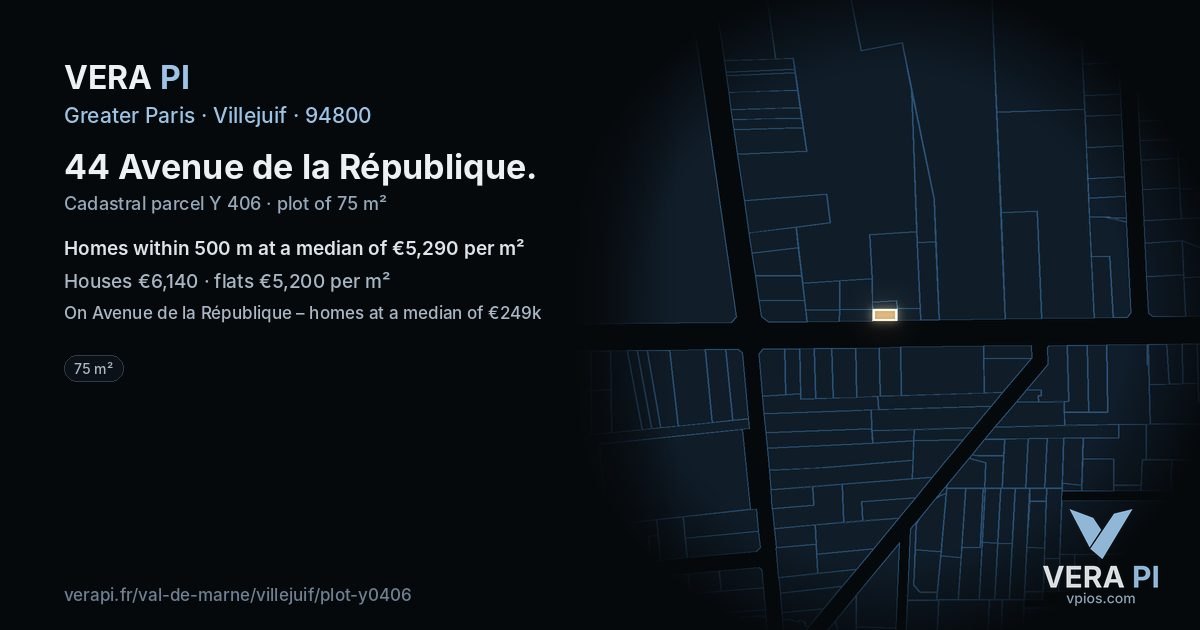 44 Avenue de la République, Villejuif at night – the plot lit, the parcels around coloured by the prices near them