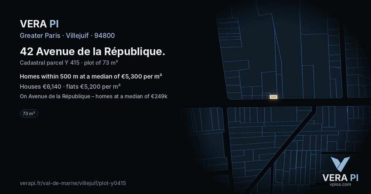 42 Avenue de la République, Villejuif at night – the plot lit, the parcels around coloured by the prices near them