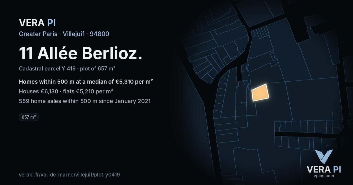 11 Allée Berlioz, Villejuif at night – the plot lit, the parcels around coloured by the prices near them