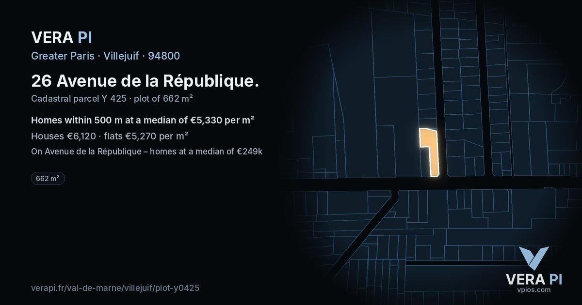 26 Avenue de la République, Villejuif at night – the plot lit, the parcels around coloured by the prices near them