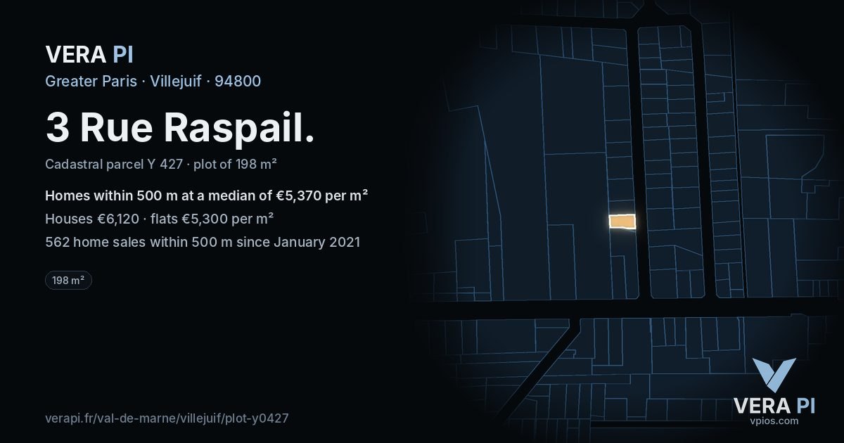 3 Rue Raspail, Villejuif at night – the plot lit, the parcels around coloured by the prices near them