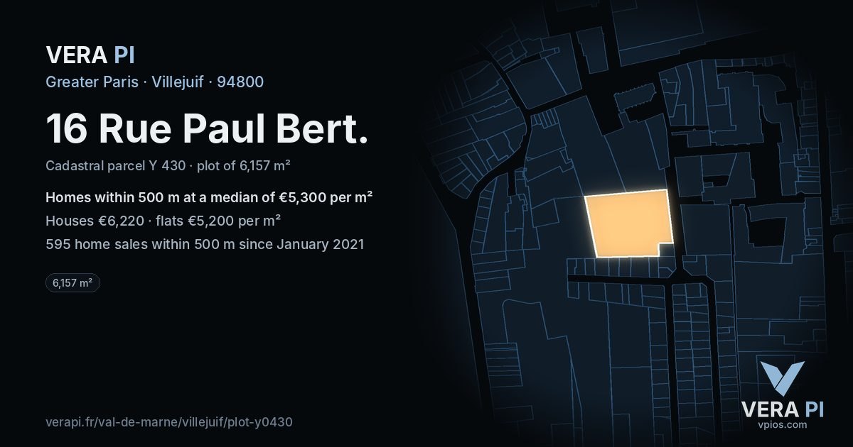16 Rue Paul Bert, Villejuif at night – the plot lit, the parcels around coloured by the prices near them