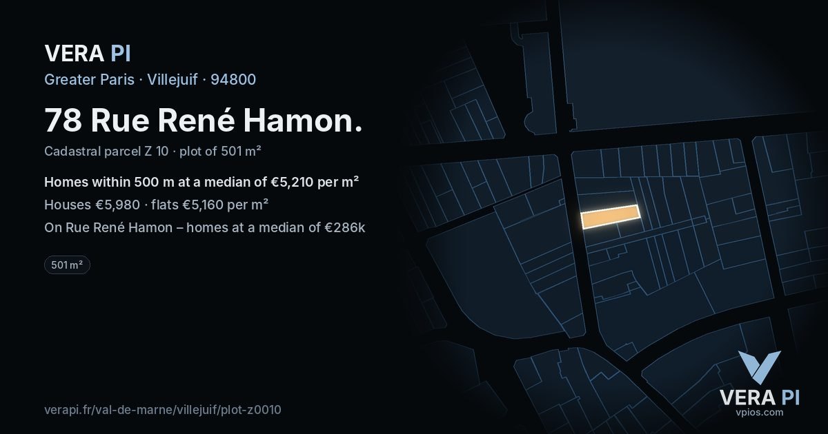 78 Rue René Hamon, Villejuif at night – the plot lit, the parcels around coloured by the prices near them