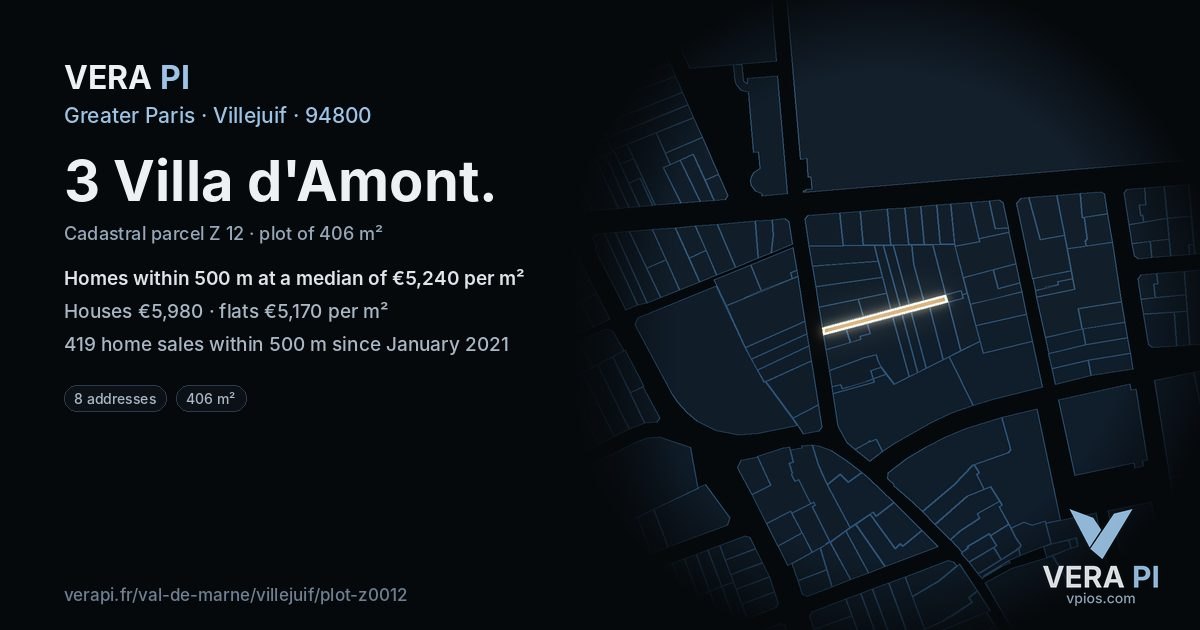 3 Villa d'Amont, Villejuif at night – the plot lit, the parcels around coloured by the prices near them