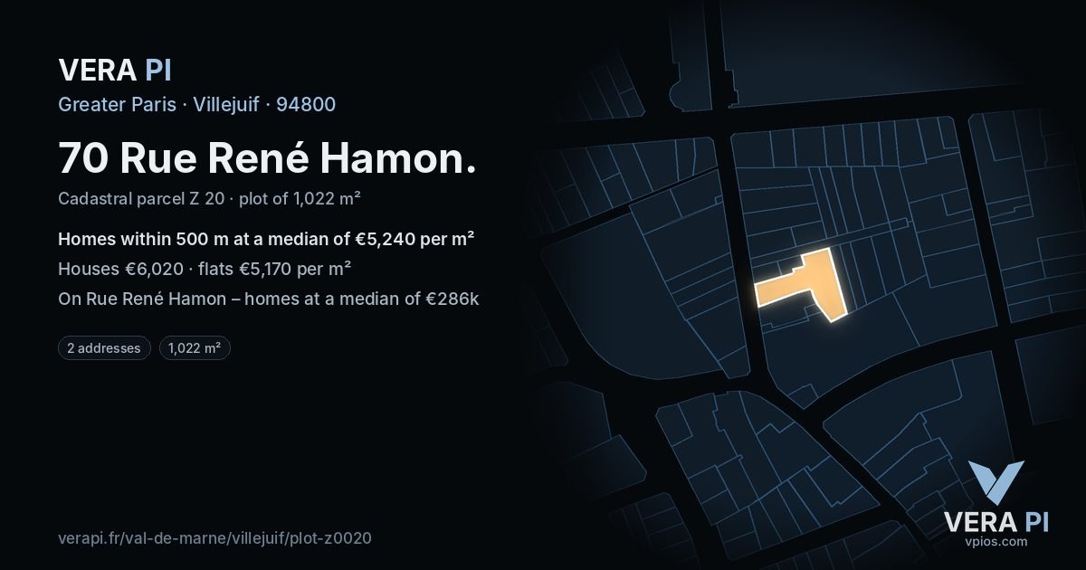 70 Rue René Hamon, Villejuif at night – the plot lit, the parcels around coloured by the prices near them