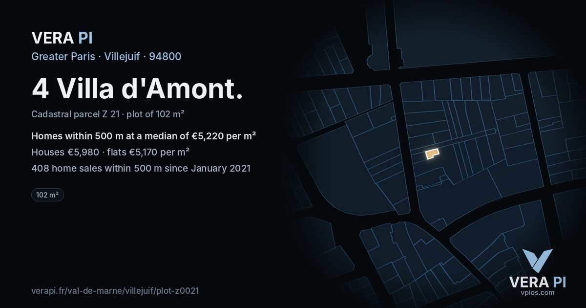 4 Villa d'Amont, Villejuif at night – the plot lit, the parcels around coloured by the prices near them