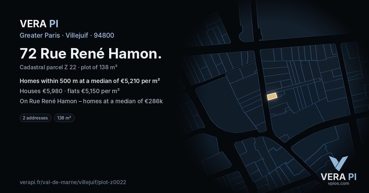 72 Rue René Hamon, Villejuif at night – the plot lit, the parcels around coloured by the prices near them