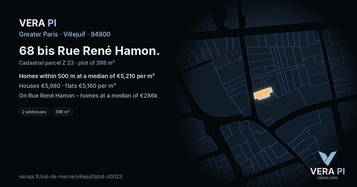 68 bis Rue René Hamon, Villejuif at night – the plot lit, the parcels around coloured by the prices near them