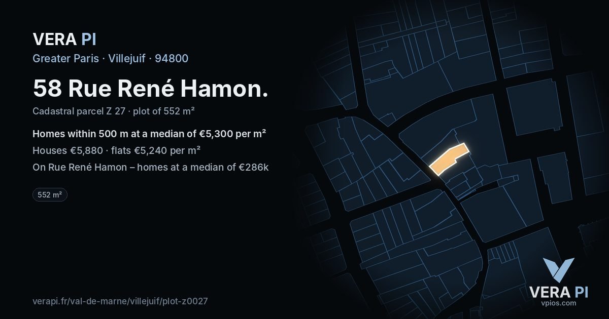 58 Rue René Hamon, Villejuif at night – the plot lit, the parcels around coloured by the prices near them
