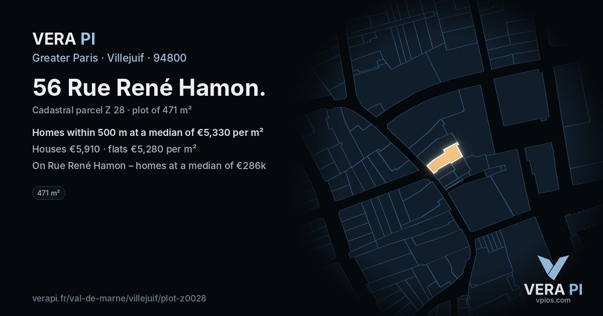 56 Rue René Hamon, Villejuif at night – the plot lit, the parcels around coloured by the prices near them