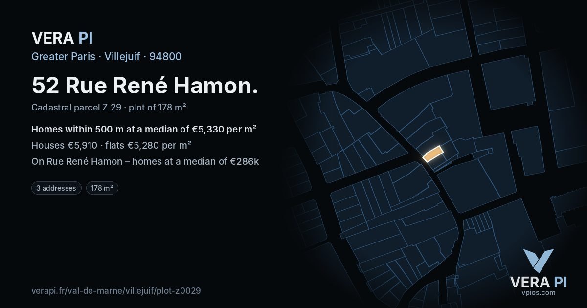 52 Rue René Hamon, Villejuif at night – the plot lit, the parcels around coloured by the prices near them