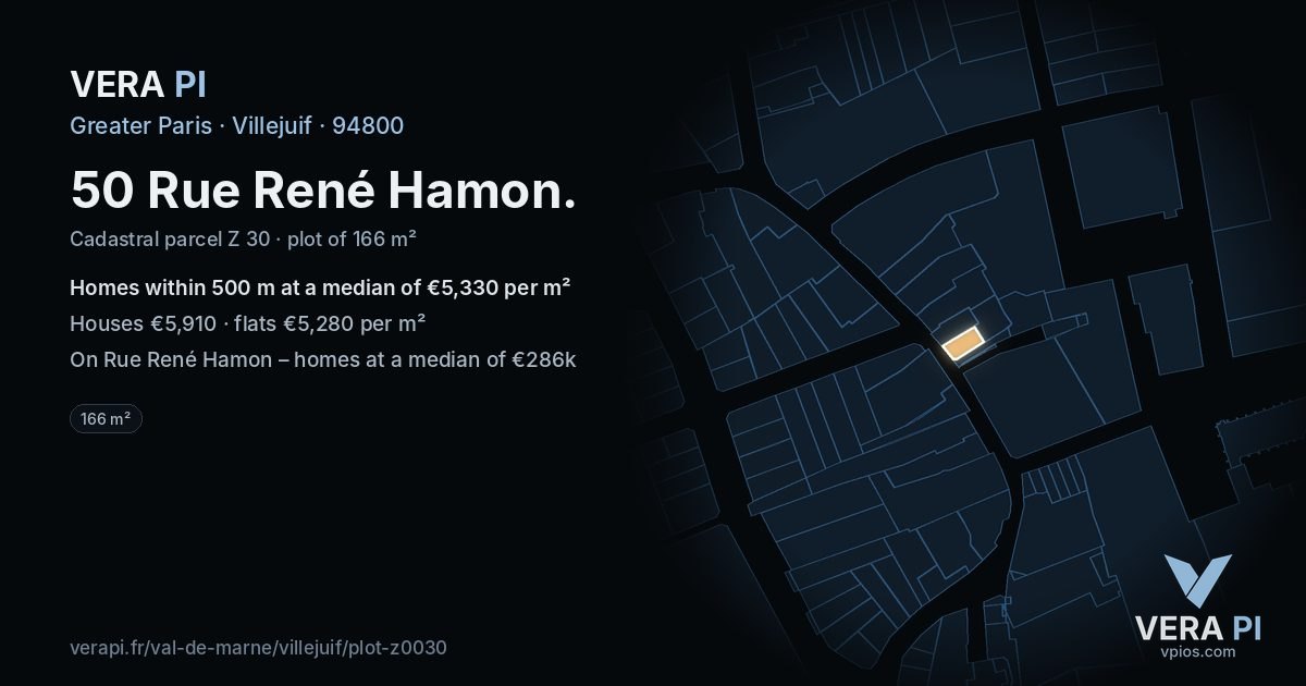 50 Rue René Hamon, Villejuif at night – the plot lit, the parcels around coloured by the prices near them