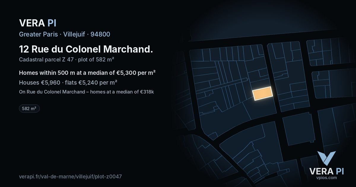 12 Rue du Colonel Marchand, Villejuif at night – the plot lit, the parcels around coloured by the prices near them