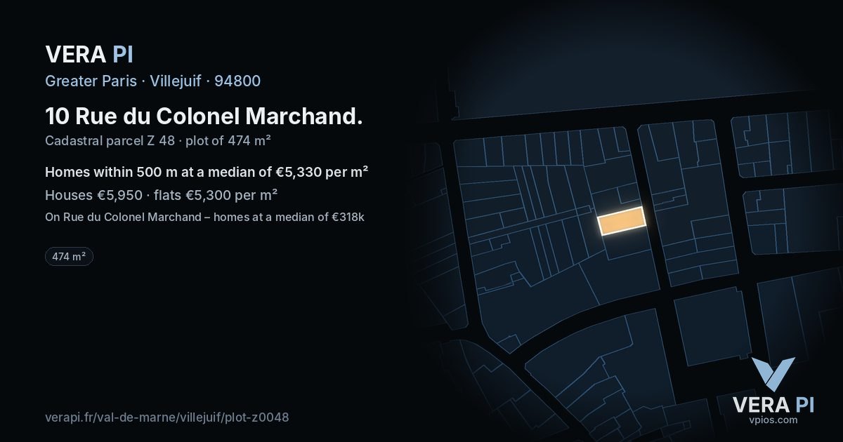 10 Rue du Colonel Marchand, Villejuif at night – the plot lit, the parcels around coloured by the prices near them
