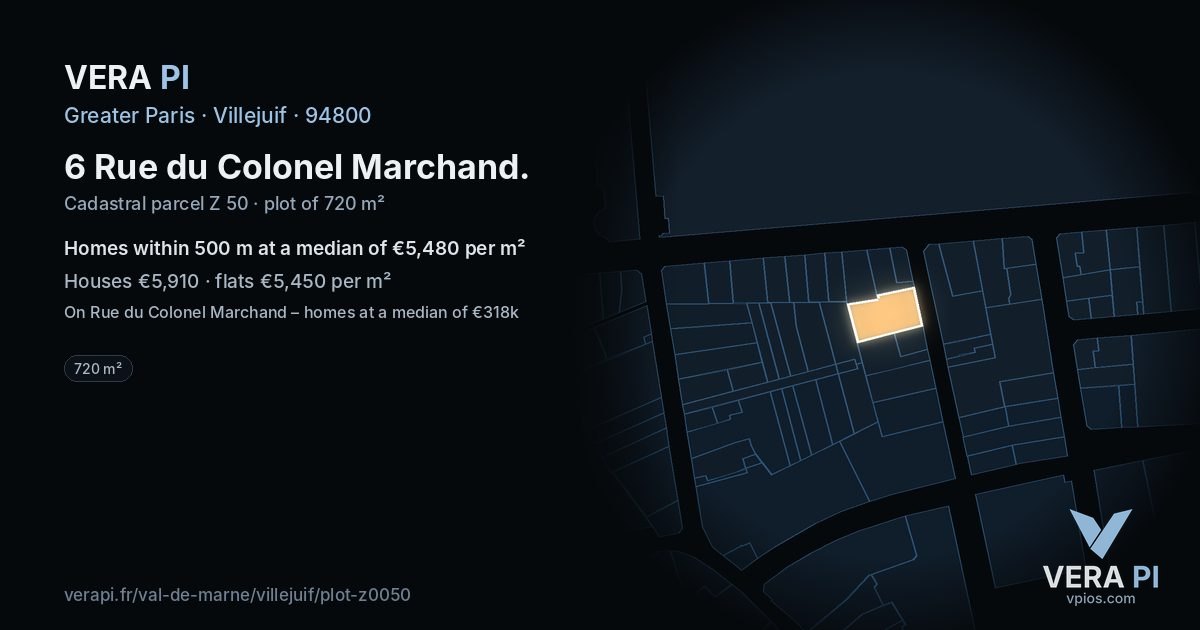6 Rue du Colonel Marchand, Villejuif at night – the plot lit, the parcels around coloured by the prices near them